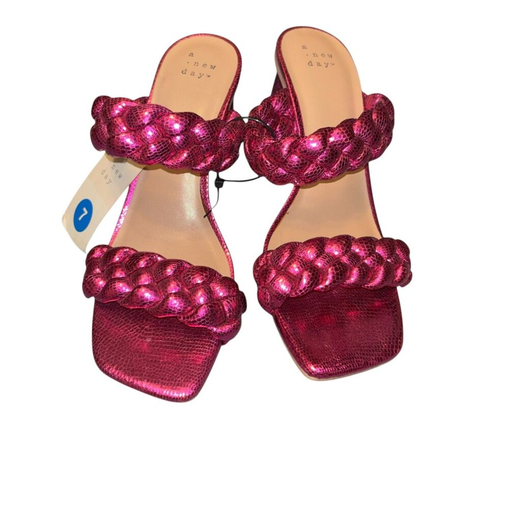 A New Day Hot Pink Metallic Braided Strap Sandals Size 7 Square Toe Mules
